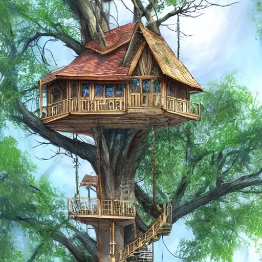 Prompt: beautiful tree house in a tall tree with long vine hanging from the house, surrounded by lush trees, sharp focus, highly detailed, artgerm, cgsociety