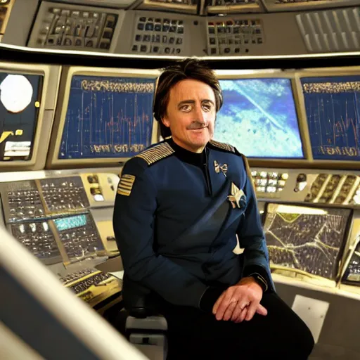 Image similar to Captain Richard Hammond of the USS Enterprise sitting in the captain's chair, stardate 46420.1