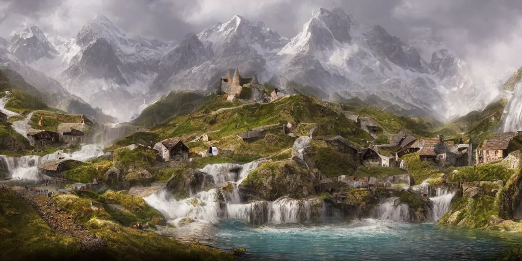 Prompt: a highly detailed matte painting of a rustic irish village nestled deep within the alps with a waterfall flowing into a giant lake, uhd, 8 k, concept art, trending on artstation