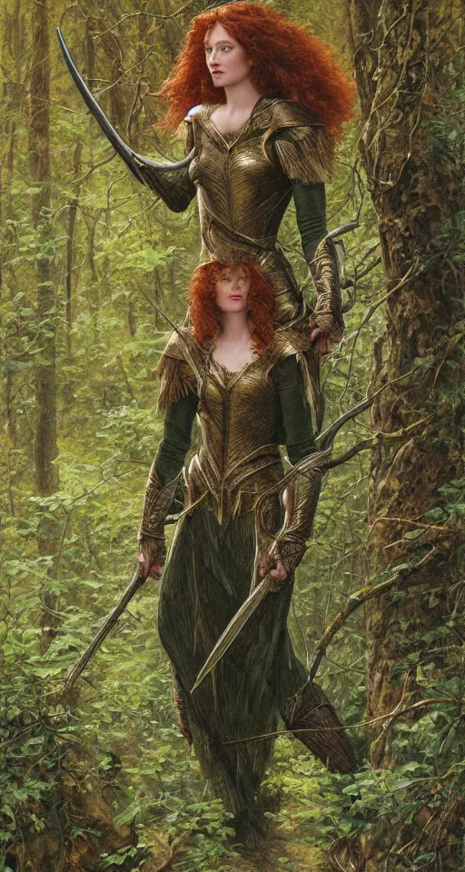 Image similar to Detailed painting of a curly redhead anne hathaway wearing elven armor in a forest landscape by Ted Nasmith