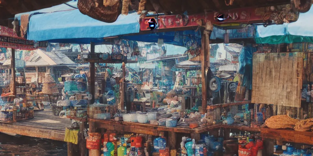 Image similar to extreme close - up of a sundry shop at pulau indah fishing village, near a jetty, early morning, detailed matte painting, low angle view, telephoto lens, bokeh, studio ghibli, artstation