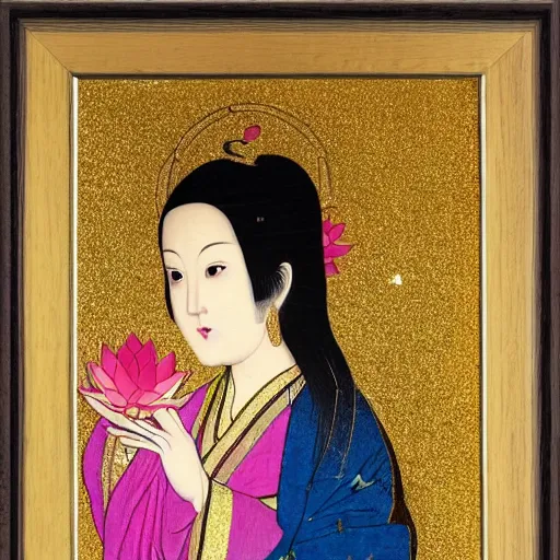 Image similar to portrait of 2 different asian looking girls, close up, one look away, one is holding lotus flower, in iconography style, theophanes the greek, glitter, chinese ornament dress, wooden frame, bright colors