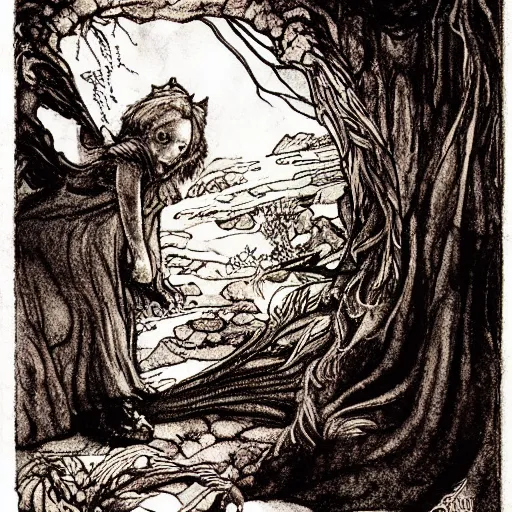 Prompt: cat from the void, illustrations by irish fairy tales james stephens arthur rackham, fairy tale illustrations, full colour, top cinematic lighting , cinematic mood, very detailed, shot in canon,