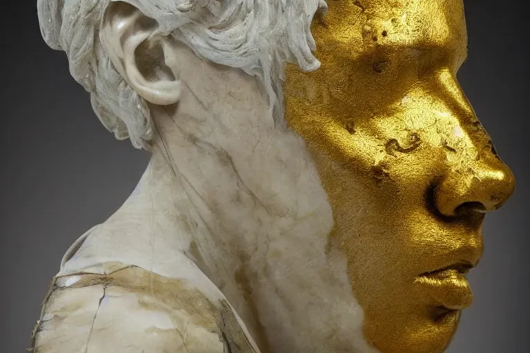 Prompt: a sculpture of a person with golden tears, a marble sculpture by nicola samori, behance, neo - expressionism, marble sculpture, apocalypse art, made of mist