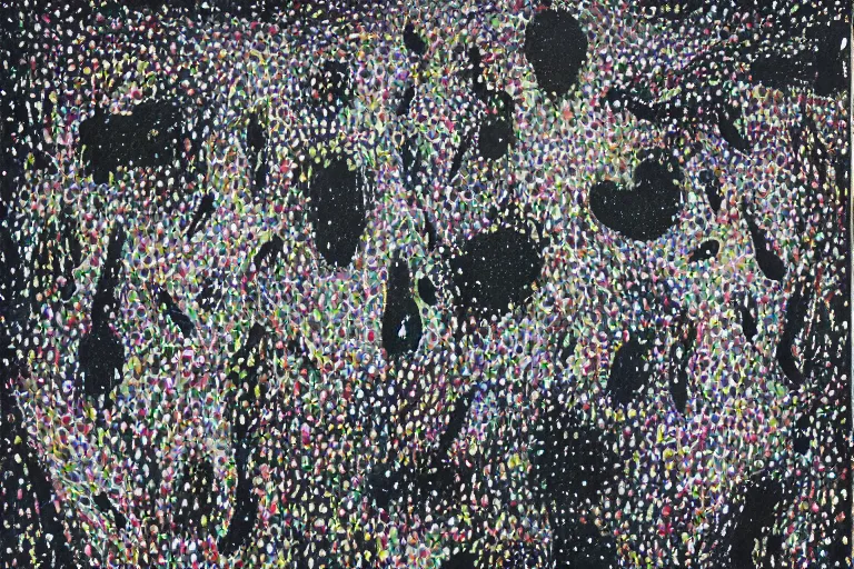 Image similar to teeth, smile, faceless people, black figures, dark, acrylic, clay, dots abstract, dripping, stipple, pointillism, technical, abstract, minimal, style of francis bacon, asymmetry, pulled apart, stretch, cloak, eerie, made of dots, abstraction chemicals, blotter, mask, colored dots, splotch, old painting style