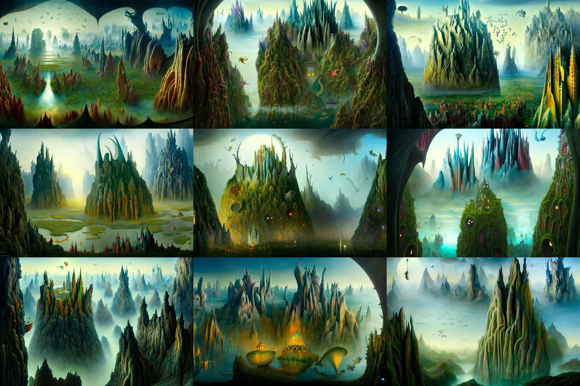 Prompt: a beguiling epic stunning beautiful and insanely detailed matte painting of windows into dream worlds with surreal architecture designed by Heironymous Bosch, dream world populated with mythical whimsical creatures, mega structures inspired by Heironymous Bosch's Garden of Earthly Delights, vast surreal landscape and horizon by Raymond Swanland and Charlie Bowater and Conrad Roset, masterpiece!!!, grand!, imaginative!!!, whimsical!!, epic scale, intricate details, sense of awe, elite, wonder, insanely complex, masterful composition!!!, sharp focus, fantasy realism, dramatic lighting