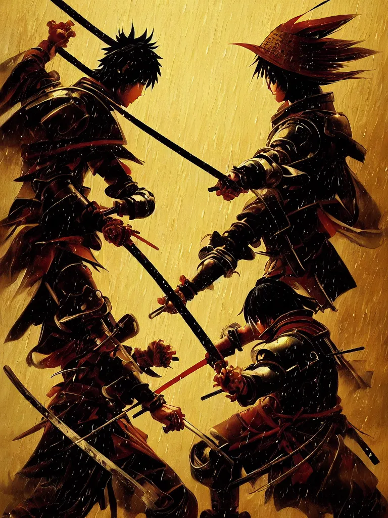 Image similar to baroque oil painting of key visual samurai duel, samurai armor, rain, brutalist fantasy, rule of thirds golden ratio, fake detail, trending pixiv fanbox, acrylic palette knife, style of makoto shinkai takashi takeuchi yoshiyuki sadamoto