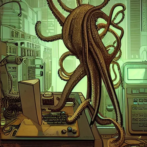 Image similar to Octopus fixing a computer, Industrial Scifi, detailed illustration, Chiaroscuro, character portrait, by Martin Grip and Moebius