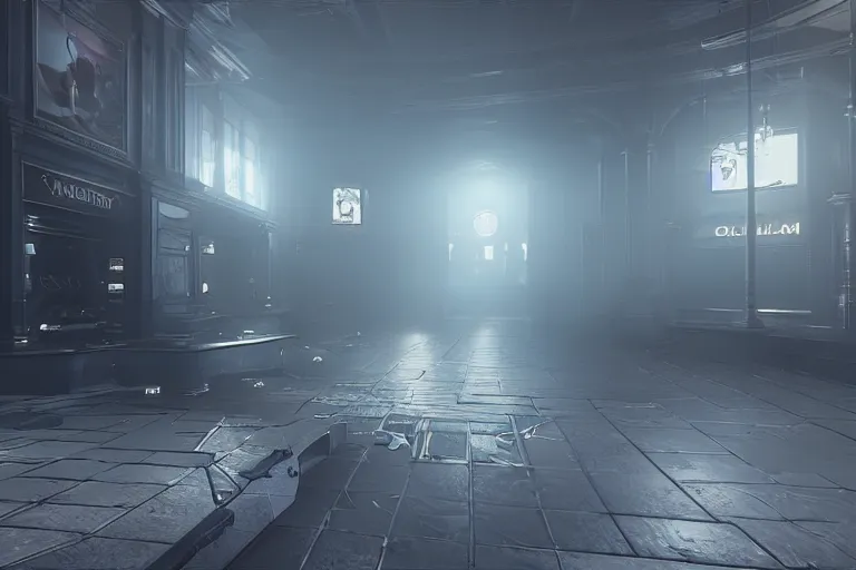 Prompt: a first person shooter game trailer on a victorian shopping mall, cinematic lightning, ray tracing, unreal engine 5, photorealistic, first person point of view, fps game concept art, detailed, moody, foggy