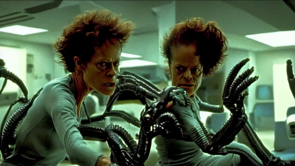 Prompt: a scene from alien 5, a movie where sigourney weaver's character ripley lives in a futuristic weyland yutani retirement home together with several xenomorphs as pets. a drama director spike lee, blue - ray screenshot, filmed by roger deakins