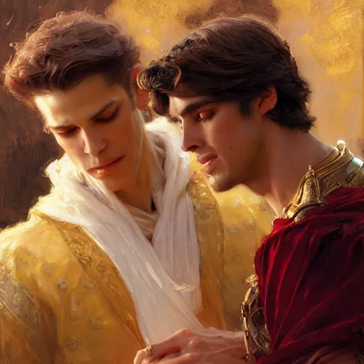 Image similar to attractive fully clothed king confesses his love for his attractive fully clothed male prince. highly detailed painting by gaston bussiere, craig mullins, j. c. leyendecker 8 k