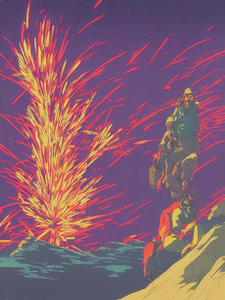 Prompt: a vibrant ultraclear closeup portrait of a man tasting neon fireworks and blotter papers of lsd acid, dreaming psychedelic hallucinations in the vast icy landscape of antarctica, by kawase hasui, moebius and edward hopper, colorful flat surreal design, hd, 3 2 k