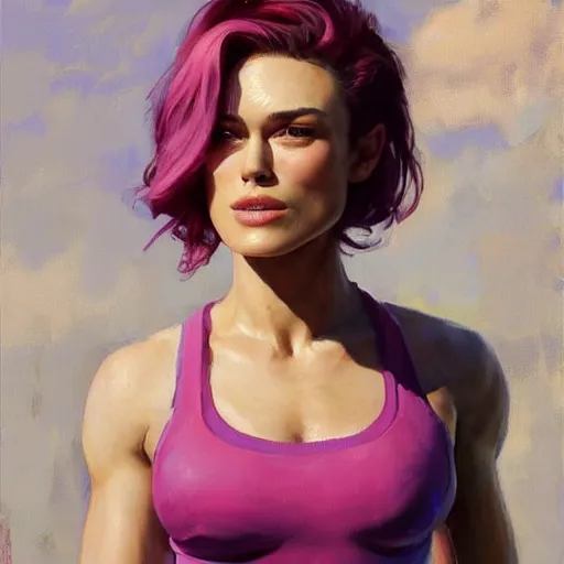 Image similar to greg manchess portrait painting of confident keira knightley with pink hair as beautiful thick muscular female bodybuilder zarya from overwatch, medium shot, asymmetrical, profile picture, organic painting, sunny day, matte painting, bold shapes, hard edges, street art, trending on artstation, by huang guangjian and gil elvgren and sachin teng