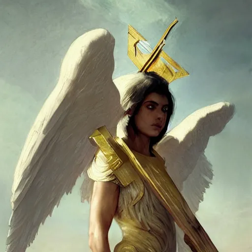 Prompt: angelic humanoid with wings on its back and an upside-down marble head holding a golden spear, digital art, by Fernanda Suarez and and Edgar Maxence and greg rutkowski
