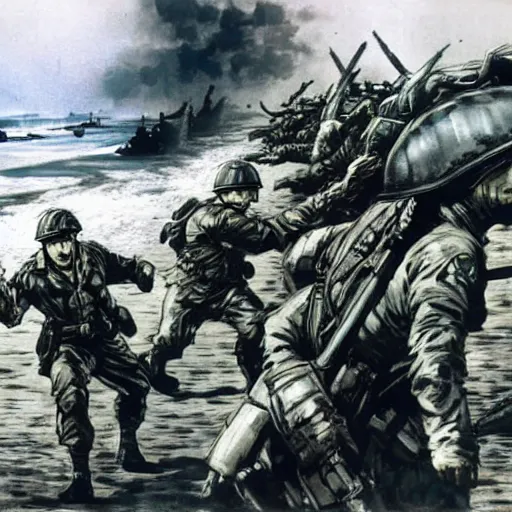 Image similar to Dinosaur soldiers storming Normandy beach in World War II, Yoji Shinkawa