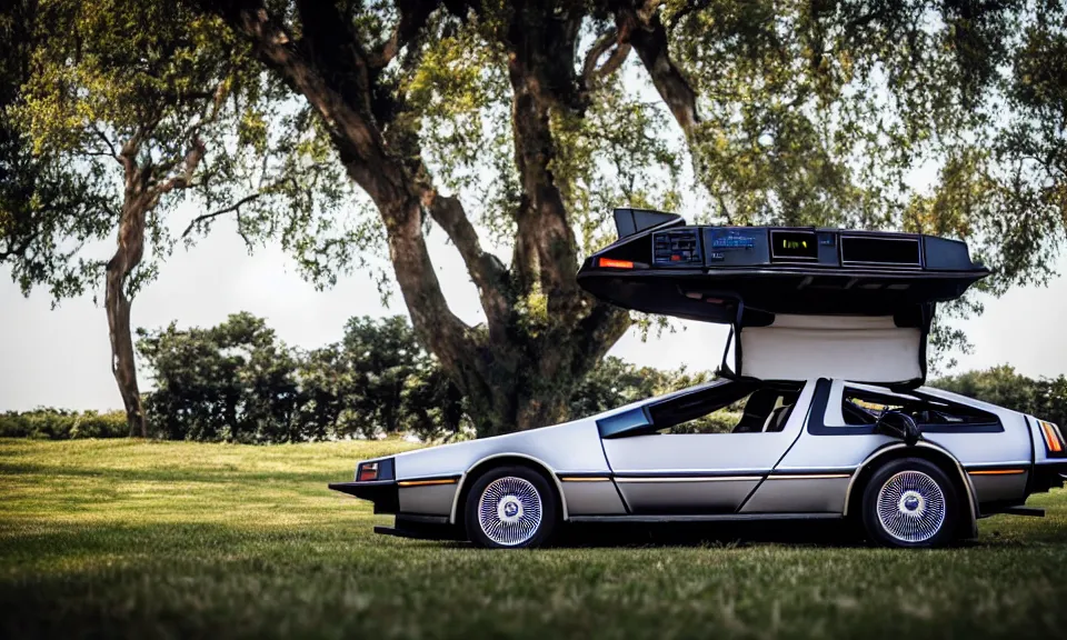 Prompt: closeup photo of a delorean standing in a beautiful palace, dof, chromatic aberration