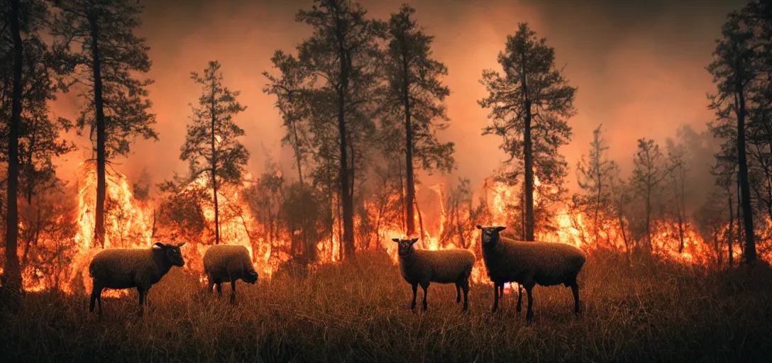 Prompt: full body portrait of three sheep watching a forest fire, smoke, flames, dark, gloomy, horror, screaming, insanely detailed, photorealistic, cinematic, dramatic lighting,