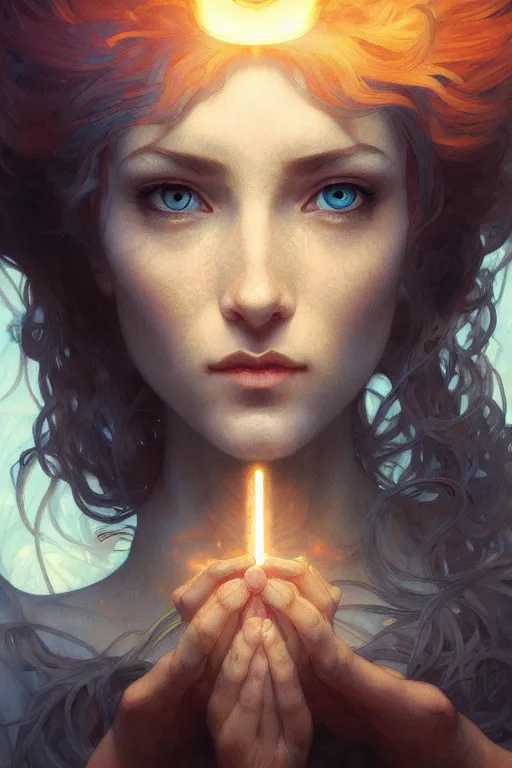 Image similar to bright cube above a portrait of a beautiful dark mystical woman, ice blue eyes, artstation, concept art, smooth, sharp focus, illustration, art by artgerm and greg rutkowski and alphonse mucha and william - adolphe bouguereau