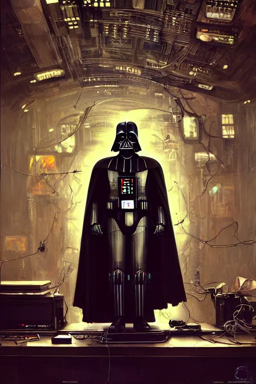 Image similar to hyperrealist cyberpunk portrait of darth vader, it is decorated with long computer wires and computer monitors in the cyberpunk office background. by jeremy mann and alphonse mucha, fantasy art, photo realistic, dynamic lighting, artstation, poster, volumetric lighting, very detailed faces, 4 k, award winning