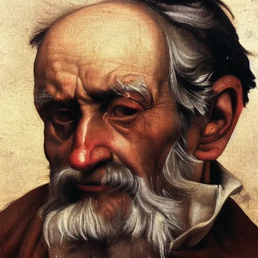 Prompt: detailing character concept portrait of old man by Caravaggio, on simple background, oil painting, middle close up composition