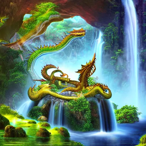 Prompt: floating islands with waterfalls and dragons, digital art, aesthetic, astonishing detail