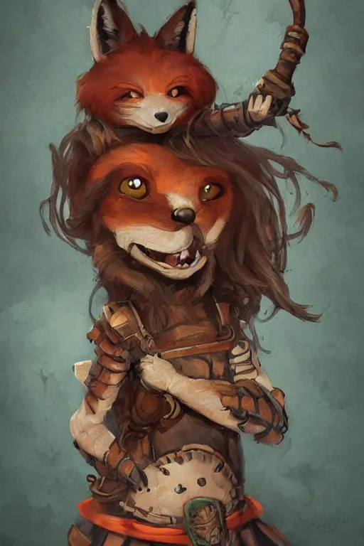 Image similar to cute little anthropomorphic foxy witch wearing a cape and a dreadlocks, tiny, small, miniature fox, baby animal, short, pale woodcut armor, cute and adorable, pretty, beautiful, DnD character art portrait, matte fantasy painting, DeviantArt Artstation, by Jason Felix by Steve Argyle by Tyler Jacobson by Peter Mohrbacher, cinematic lighting