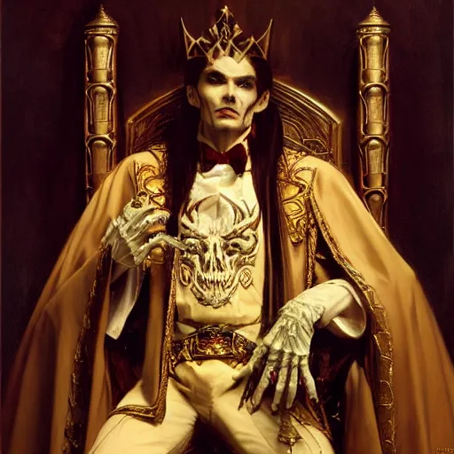 Image similar to perfectly centered portrait of attractive vampire king in a robe sitting on a throne of bones, highly detailed painting by gaston bussiere, craig mullins, j. c. leyendecker, 8 k