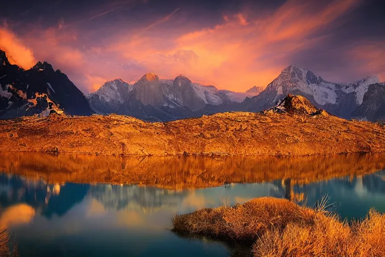 Image similar to amazing landscape photo of mountains with lake in sunset by marc adamus, beautiful dramatic lighting