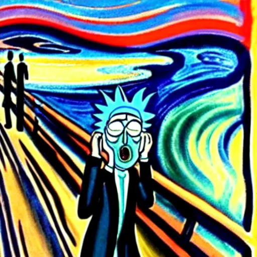 Image similar to rick sanchez from rick and morty in edward munch's scream painting