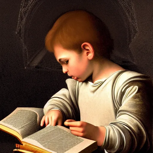 Prompt: hyperdetailed elaborate minimalist photorealistic half-lenght side portrait of a child, reading books inside an elaborated rich modern maximalist room full of illustrated toys. in the style of Caravaggio, Michelangelo Buonarroti and Jan van Heyk, with flemish baroque details, vibrant shiny textures in soft pastel tones. matte background. HD 8x
