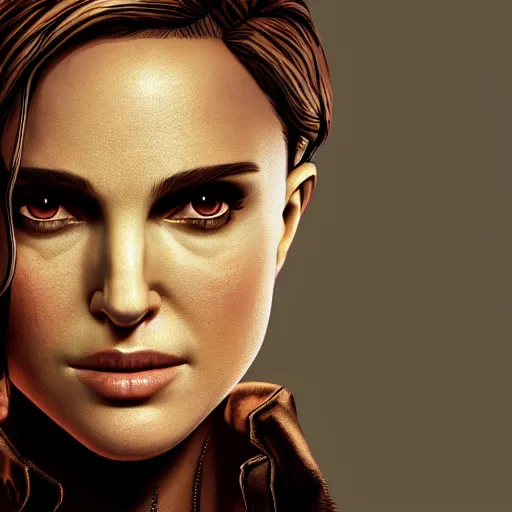 Image similar to natalie portman portrait, borderlands, tales from the borderlands, the wolf among us, comic, cinematic lighting, studio quality, 8 k