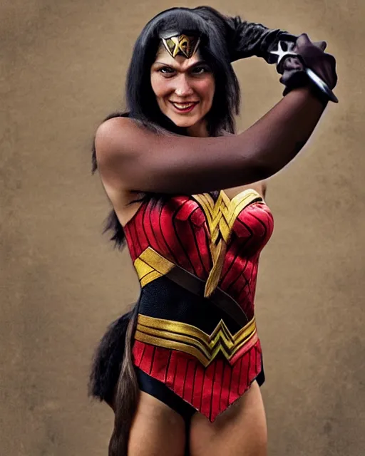 Image similar to a Chimpanzee dressed as Wonder Woman photographed in the style of Annie Leibovitz, photorealistic