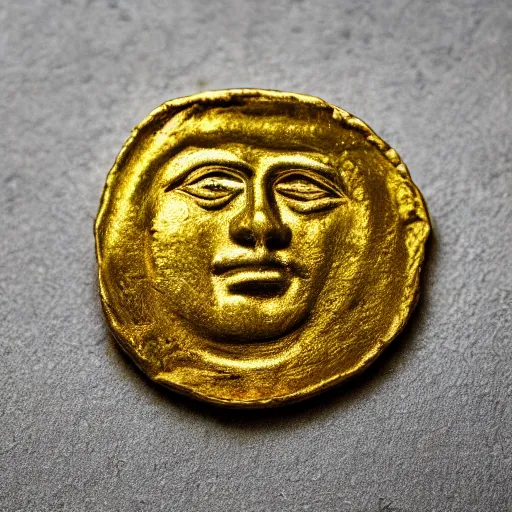 Prompt: an ancient roman gold coin with the face of a clown, close up photo, ultra realistic, studio photo, bokeh.