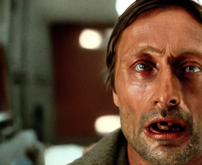 Image similar to a still of mads mikkelsen in the silence of the lambs ( 1 9 9 1 ), 4 k, hi - res