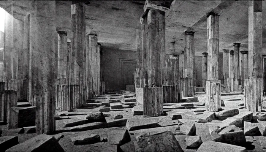 Image similar to 1 9 7 0 s andrei tarkovsky movie still of a pyramid building with columns, by piranesi, panoramic, ultra wide lens, cinematic light, anamorphic, marble