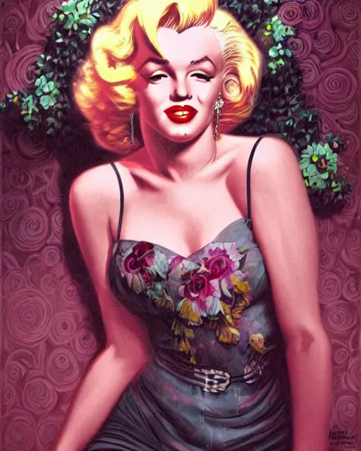 Prompt: sophisticated portrait of Marilyn Monroe, 1980s flower power hippy, very smoky cyberpunk Paris bar, elegance, highly detailed, shallow depth of field, Artstation, Artgerm, Donato Giancola and Joseph Christian Leyendecker