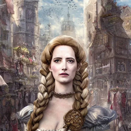 Prompt: character portrait of white queen eva green in the marketplace in the sky, color page, 4K, tone mapping, doll, Akihiko Yoshida, James_Jean_Andrei_Riabovitchev_Marc_Simonetti, Yoshitaka Amano, digital illustration, braided hair, ringlet, curls