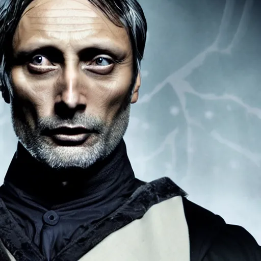 Prompt: mads mikkelsen as a vampire, male, late - 4 0 s aged, shoulder length, slicked black hair, red eyes, clean shaven, wearing a cape, regal, royal, grim facial expression, high medieval fantasy, full color digital art, cinematic shot, full body shot.