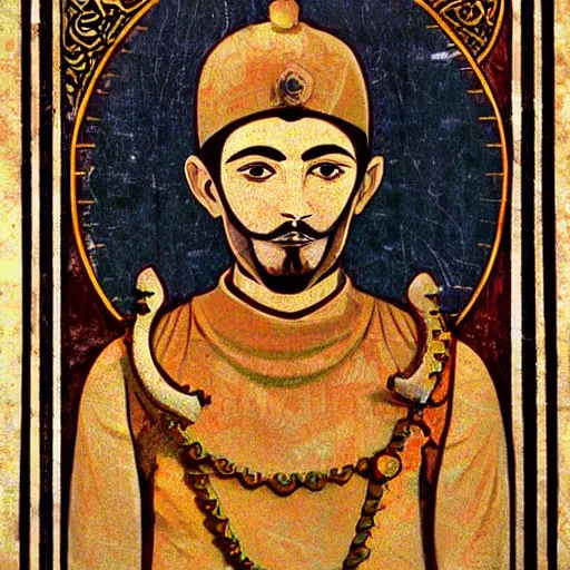 Image similar to stylized symmetrical portrait of Abbas ibn Firnas wearing his steampunk prosthetic mechanical dragon fly wings. a handsome face and a sly smile. ancient Islamic Iberia style.