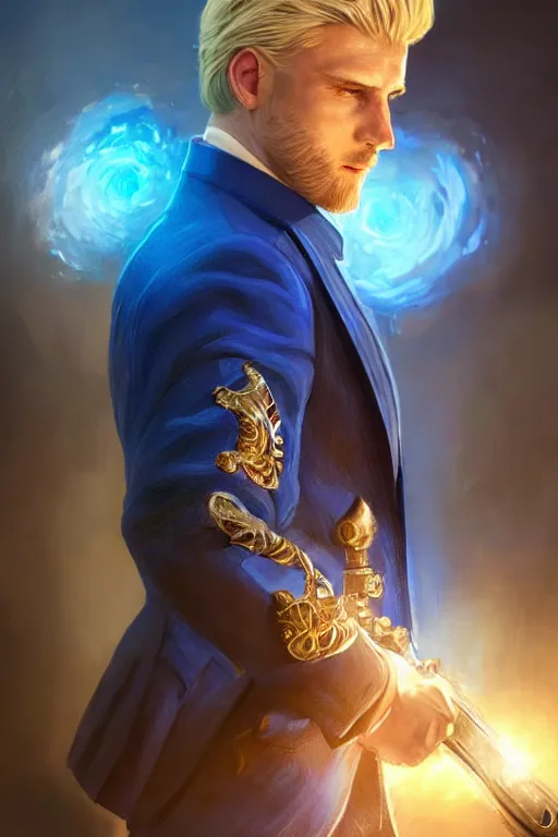 Prompt: side profile of a blonde man in a blue suit with medals on it dual wielding a sword and a pistol, highly detailed, d & d, fantasy digital painting, trending on artstation, concept art, sharp focus, illustration, volumetric light, intricate, art by artgerm and greg rutkowski