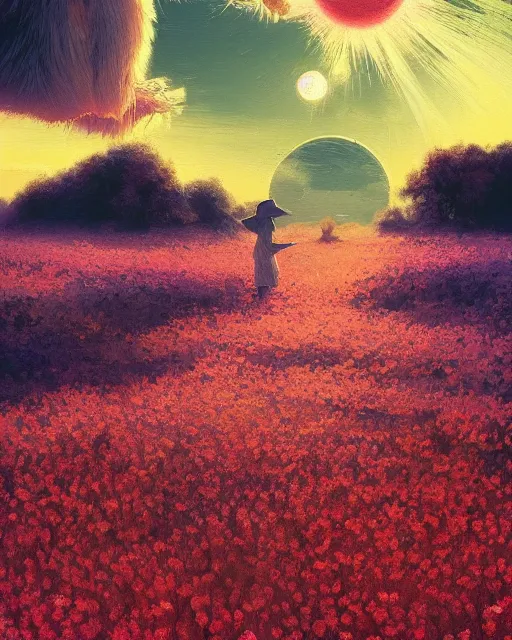 Prompt: white capybara!! looking at the sun in a flower field, surreal photography, sunrise dramatic light, impressionist painting, colorful clouds, digital painting, artstation, kilian eng, john harris, bastien lecouffe - deharme, simon stalenhag, flower face