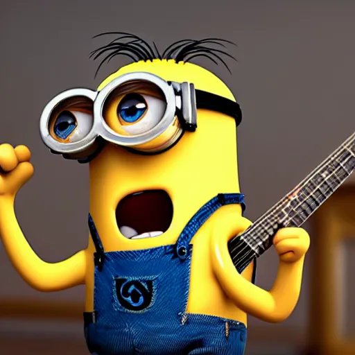 Prompt: super cute minion playing death metal on a stage, eyes closed, moody, movie still, 4k