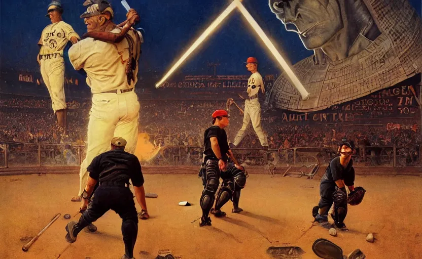 Prompt: a baseball game surrounded by ancient monoliths with glowing runes. highly detailed science fiction painting by norman rockwell, frank frazetta, and syd mead. rich colors, high contrast, gloomy atmosphere, dark background. trending on artstation