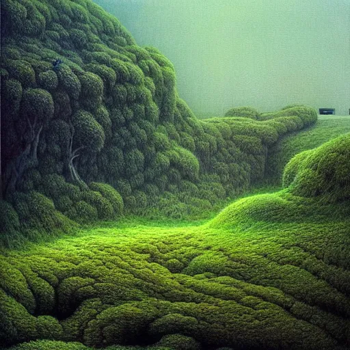 Image similar to hyper realistic painting of an abandoned JZX100 twin turbo covered with moss, an Australian summer landscape, by Zdzislaw Beksinski