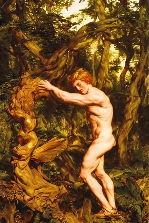 Image similar to Baccus, golden hour, in a forest, artstation, by J. C. Leyendecker and Peter Paul Rubens,