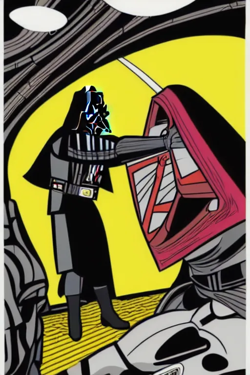 Prompt: an illustration of darth vader watching tv in the style of lichtenstein