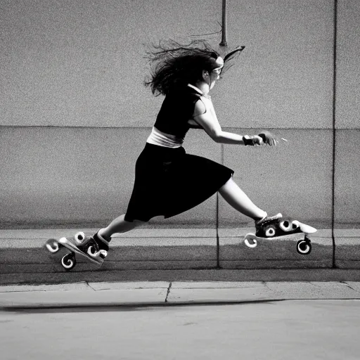 Prompt: cool hip cavewoman rollerskating, award winning photography