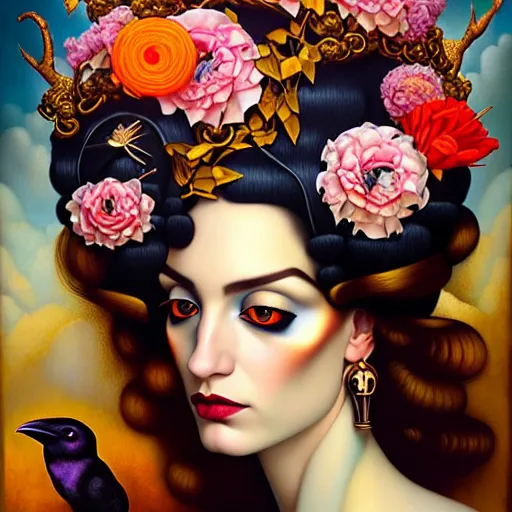 Image similar to dynamic composition, a painting of a woman with hair of flowers and raven plummage wearing ornate earrings, a surrealist painting by tom bagshaw and jacek yerga and tamara de lempicka and jesse king, featured on cgsociety, pop surrealism, surrealist, dramatic lighting, wiccan, pre - raphaelite, ornate gilded details