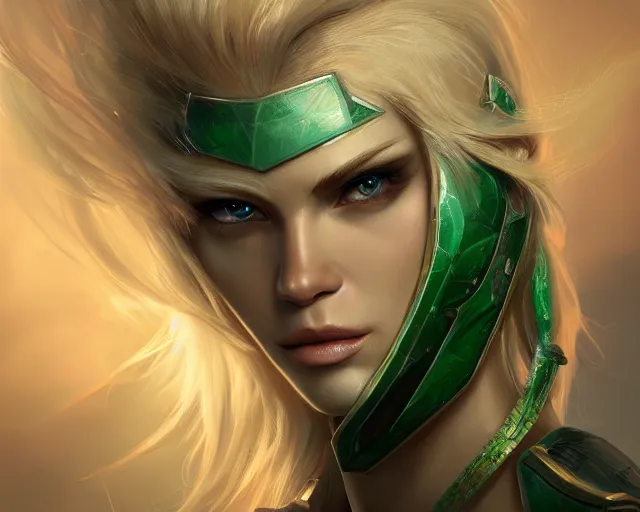 Prompt: A blonde emerald warrior, HD, illustration, epic, fantasy, intricate, elegant, amazing detail, digital painting, artstation, concept art, smooth, sharp focus, illustration, art by Andreas Höher