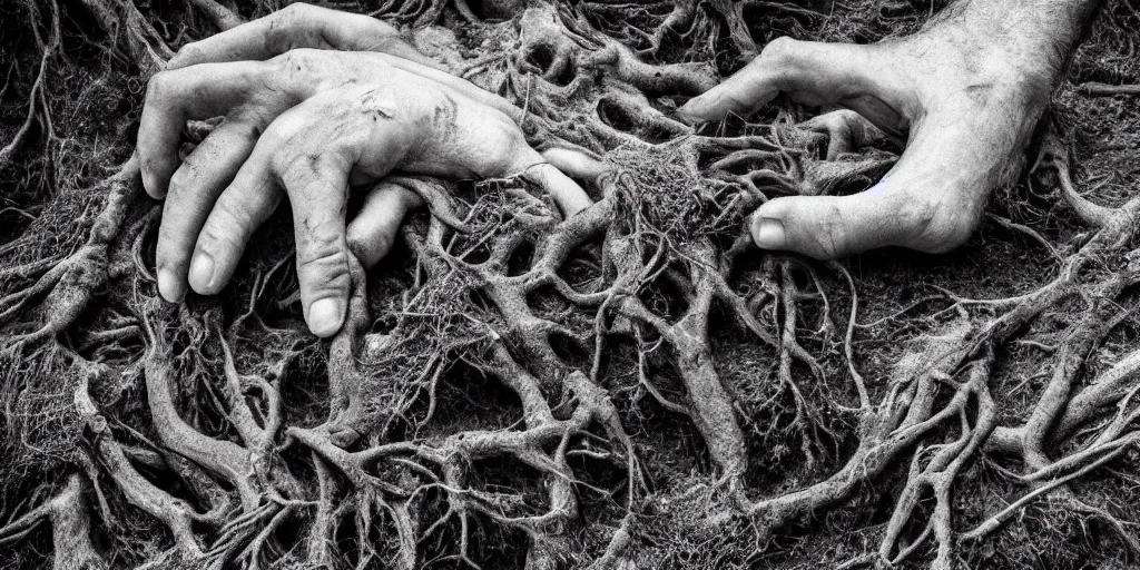 Image similar to ego perspective photography of own hands, rotting, getting overgrown by roots, forest, dolomites, alpine, detailed intricate insanely detailed octane render, 8k artistic 1920s photography, photorealistic, black and white, chiaroscuro, hd, by David Cronenberg, Raphael, Caravaggio